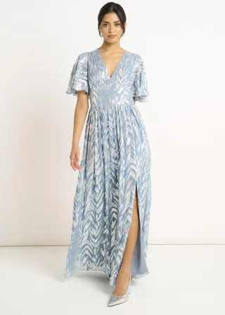 Blaues Metallic-Folien-Print Maxikleid mit kurzen Ärmeln