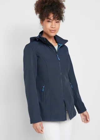 bonprix Wasserabweisende Stretch-Softshelljacke, blau, Gr.40, Praktische Softshelljacke mit abnehmbarer Kapuze und Reißverschlusstaschen, gerade geschnitten, aus Softshell