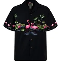 KY's Hawaiihemd "Flamingos" Herren Kurzarm Baumwolle Kokosknöpfe Original Hawaii
