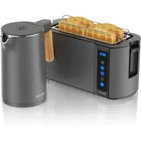 Arendo Frühstücks-Set Edelstahl Wasserkocher 1,5l, 4-Scheiben Langschlitz Toaster, Cool Grey (2-tlg), Wasserkocher mit Temperatureinstellung, Toaster Brötchenaufsatz, Touch