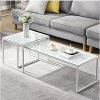 FINEBUY Satztisch FB72749 2er Set Glasplatte Metallgestell Couchtisch Sofatisch Modern (Couchtisch 2er Set Glas Metall Platzsparend Weiß), Wohnzimmertisch Modern, Sofatisch 2-teilig
