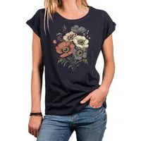 MAKAYA T-Shirt Damen Sommer Top mit Vintage Blumenprint im Retro Boho Style (Schwarz, Blau, Dunkelgrau, 34, 36, 38, 40, 42, 44, 46, 48, 50) Baumwolle