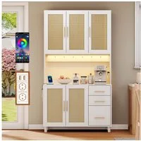 Flieks Küchenbuffet mit LED-Beleuchtung, Steckdosen und Haken (Buffet mit Rattantüren und Schubladen, 1-St., B100/T40/H183 cm) Hochschrank Küchenschrank Geschirrschrank mit verstellbare Ablagen