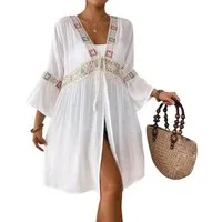 MOPUEA Strandkleid Kimono Strand Cardigan Bikini Cover Up Damen Swim Cover Ups (Boho Beach Beachwear Kimono Cardigan Strand Damen Lang Sommer, 1-tlg., Floral gehäkelte Strandbluse, V-Ausschnitt Transparent) Sommer Cardigans für Damen, Zum Binden Vorn