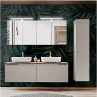 Lomadox Badmöbel-Set PUEBLA-56-TAUPE, (Spar-Set, 10-St), Eiche Doppelwaschtisch Keramik-Waschbecken Spiegelschrank Hochschrank