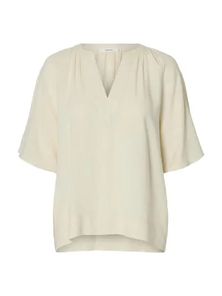 selected men - Top mit V-Ausschnitt aus Leinenmix SLFVIVA beige - Gr. - 36