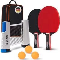 DH FitLife Tischtennisschläger Set für 2 Spieler, mit ausziehbarem mobilen Tischtennisnetz (3 Tischtennisbälle, 2 Schläger, inkl. Aufbewahrungstasche, für jeden Tisch), Tischtennis Set mit Netz