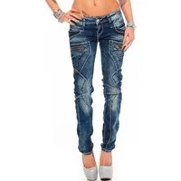 Cipo & Baxx Slim-fit-Jeans Damen Slim Fit Hose Stonewashed BA-WD200B mit Ziernähten Zippern und Markenlogo