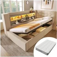 STILVORA Polsterbett 90x200 mit Matratze Schlafsofa mit bettfunktion Tagesbett Beige (Struraumbett, Funktionsbett, L-förmigem Kopfteil mit Stauraum, beidseitig montierbar), Hydraulisches Bett mit LED-Beleuchtung & USB/Type-C Ladestation