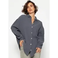 SASSYCLASSY Longbluse Oversize Musselin Bluse Damen kurz Langarm Elegant Hemdbluse lang aus Baumwolle mit V-Ausschnitt, One Size (Gr. 36-48)