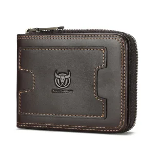 BULLCAPTAIN Genuine Leather Zippered Men's Wallet Cowhide RFID-blocking Multi Card Slots Coin Money Purse