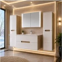 Homeline Badmöbel-Set Bad Möbelset Badezimmer Möbel Hochglanz 90 cm Eiche / Weiß Schwarz, (Spar-Set, 3-St., Fünfteiliges Set), Spiegelschrank mit Keramikbecken, Hochglanz