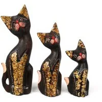 Yudu Dekofigur 3er Set Katze Kunsthandwerk Dekoration Handarbeit Holz