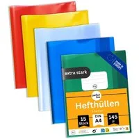 perfect line Schulheft 15 Hefthüllen DIN A4 bunt, 5 Farben, glasklar, 145 my, PP, dokumentenecht, säurefrei, Made in EU
