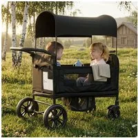 Flieks Bollerwagen, Faltbarer Bollerwagen für 2 Kinder mit Sonnendach & Sicherheitsgurt