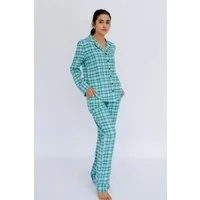 SNOOZE OFF Pyjama Schlafanzug aus Flanell in türkisem Karomuster (2 tlg., 1 Stück) mit Kontrastpaspel-Details