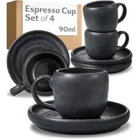Cosumy Espressotasse 4er Espressotassen Set mit Untertassen Weiß – 90 ml Keramik Espresso, 4-tlg., Steingut, Handglasiert, Spülmaschinenfest & Mikrowellengeeignet, 4er Set