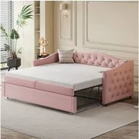 Merax Daybett mit Ausziehbett 90x190cm, Tagesbett in Knopfdesign (Kinderbett Jugendbett Sofabett, 1 tlg), Polsterbett Schlafsofa 90x200cm mit USB, Lattenrost und Leinenstoff