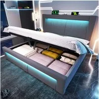 BlingBin Stauraumbett Einzelbett Doppelbett hydraulisches Bett (modern Polsterbett 180 × 200, 1-tlg., mit LED Licht, USB Schnelllade- & Typ-C-Anschluss), mit Lattenrost, stabiles Bettgestell aus Metall und Holz