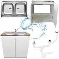 STAMAR Spülenschrank Küchenschrank 80cm Weiß Komplett Set Spüle 2 Kammer Dreharmatur Chrom Standschrank Edelstahl Spülbecken Schwenkbare Armatur Siphon Set XXL
