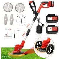OUTIGO Akku-Rasentrimmer, Wiederaufladbarer, Akku-Rasentrimmer mit 2* 4000mAh, Rädern, 2-in-1-Rasenmäher Kantenschneider, 3 Arten Klingen, Teleskop-Stiel