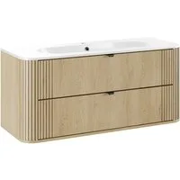 Lomadox Waschtisch OLIVA-56, Eiche gerillt 120 cm breit Metallgriffe Softclose Keramik Waschbecken
