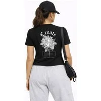 Banco T-Shirt Damen "Create Dream" - schwarzes Kurzarmshirt mit Blumenprint Großer Blumen-Print mit „Create Dream“-Schriftzug