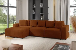 Ecksofa Designersofa Sofa MEGAN in Stoff Poso Rostbraun Ottomane Links