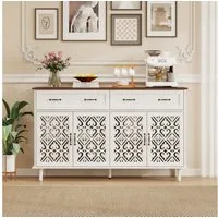 i@home Sideboard Esszimmerschränke (kontrastfarbene Massivholzplatte, 1 St., 4 geschnitzte Türen, 2 Schubladen, höhenverstellbare Ablagen), Vintage Schnitzerei-Türen Kommode 150×40×90 cm, Buffetschrank