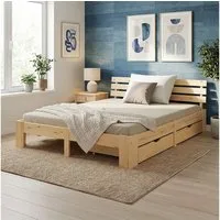 Homestyle4u Massivholzbett 90x200 140x200 160x200 180x200 Bettkasten Lattenrost Natur Weiß Grau (Set, Schublade), 140x200, Kiefer, mit Stauraum, klar lackiert, schlicht