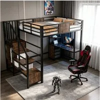 REDOM Hochbett mit Schreibtisch, LED-Beleuchtung und Ablagefächern (Metallbett Kinderbett, Einzelbett 90 x 200 cm) ohne Matratze