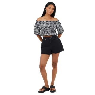 Brave Soul - "Anglaise" Oberteil für Damen, Vichykaro, Puffärmel (Schwarz/Weiß)