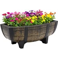 Spetebo Blumentopf Pflanzschale in Eichenfass Optik mit Drainageboden (Anzahl, 1 St., 41 x 30 cm), Blumenschale aus Kunststoff im Design eines halben Eichenfasses