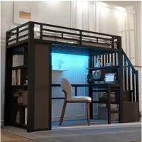 Flieks Hochbett Metall Kinderbett 90x200cm mit LED Ablagefach Schreibtisch Stautreppe