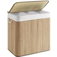SONGMICS Wäschekorb 3 Fächer, 150 L Wäschesammler mit Deckel, Wäschebox Bambus, faltbar, Wäschesack herausnehmbar maschinenwaschbar, Waschküche