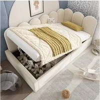 KLAM HOME Polsterbett Kinderbett Daybett 90x190/200cm, Schlafsofa mit Metall-Lattenrost (Jugendbett mit hydraulischem Stauraum, Samt, Beige, Rosa), Einzelbett für Wohnzimmer, Kinderzimmer, Schlafzimmer