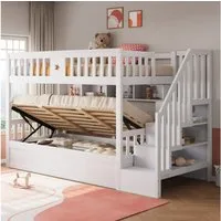 Merax Etagenbett mit hydraulischem Unterbett (1-St., Stockbett Jugendbett Doppelbett Hochbett aus Massivholz), Kinderbett 90x200cm mit Stauraumtreppe, Regalen & Sicherheitsgeländer