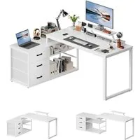 Furnicopia Eckschreibtisch 140cm mit Monitorarm, Computertisch mit drehbarer Tischplatte (Flexibel und schwenkbar, mit Steckdosen (2 Steckdosen + 2 USB-Anschlüsse), 3 großen Schubladen, 2 Ablageflächen)