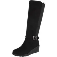 Ital-Design Damen kniehoher Stiefel mit Keilabsatz und Stretchband Keilstiefel (92125570) Keilabsatz/Wedge Stiefel in Schwarz