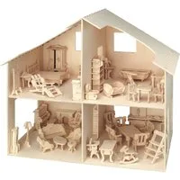 Pebaro 3D-Puzzle Holzbausatz Puppenhaus mit Möbeln, 880, 252 Puzzleteile