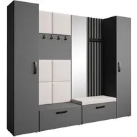 Beautysofa Garderobenschrank mit gepolsterten Paneelen und Spiegel MARGARET XL (zwei praktische Schuhschränke und zwei komfortable Kleiderschränke mit Kleiderstangen) mit dekorative Lamellen und praktischen Kleiderhaken