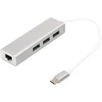 USB 3.2 Gen 1 Multiport-Hub, USB-C Stecker > 3x USB-A Buchse + RJ-45 Buchse, USB-Hub weiß/silber, 20cm, Gigabit LAN