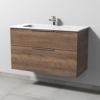 Sanipa 3way Keramik-Set Design Keramik-Waschtisch und Unterbau mit 2 Auszügen, Eiche-Tabak UM48150