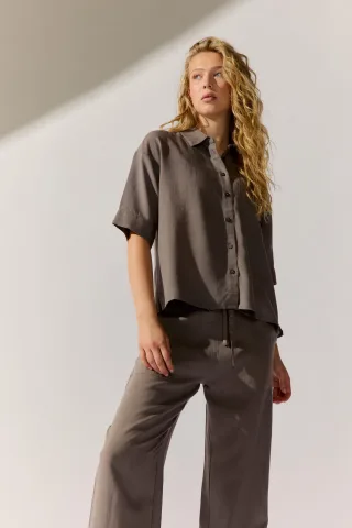 THE FASHION PEOPLE - Linen Blouse Solid dark mocha - Gr. - 40