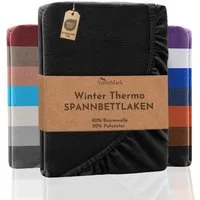 NatureMark Spannbettlaken Winter Thermo Fleece Spannbetttuch, 80% Baumwolle und 20% Polyester, Gummizug: rundum, (1 Stück), 90 x 190 bis 100 x 200 cm - Schwarz