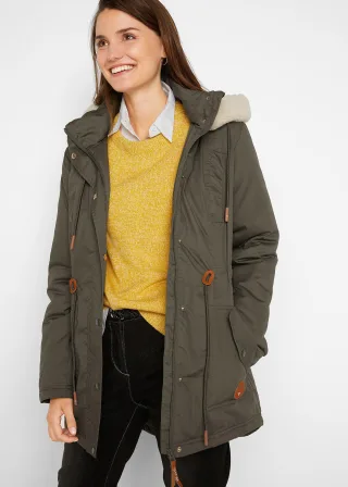 bonprix Wattierter Parka mit Fellimitat-Besatz, grün, Gr.44, Wattierter Parka mit Kapuze, abnehmbarer Fellimitat-Besatz, 55% Baumwolle