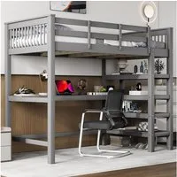 Merax Hochbett mit Schreibtisch und Bücherregal Etagenbett 90x200 cm mit Trittleiter, Kinderbett aus Kiefer