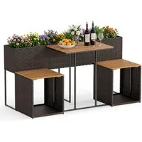 COSTWAY Balkonset, mit Hochbeet, integrierten Stühlen & Stauraum Rattan