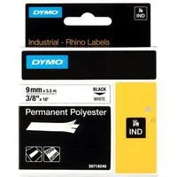 Rhino IND ORIGINAL Schriftband Polyester 9mm x 5,5m, schwarz auf weiß permanent klebend, 18482