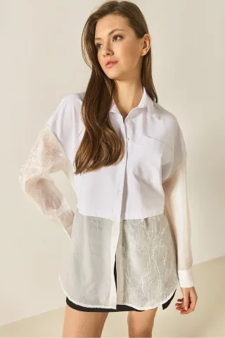 Übergroßes Langarm-Organza-Shirt mit Knopfverschluss